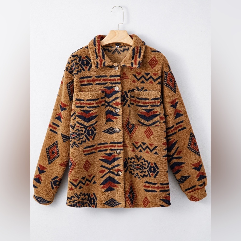 Western Aztec Pattern Fleece Button-Up Shacket - Picture 3 of 6
